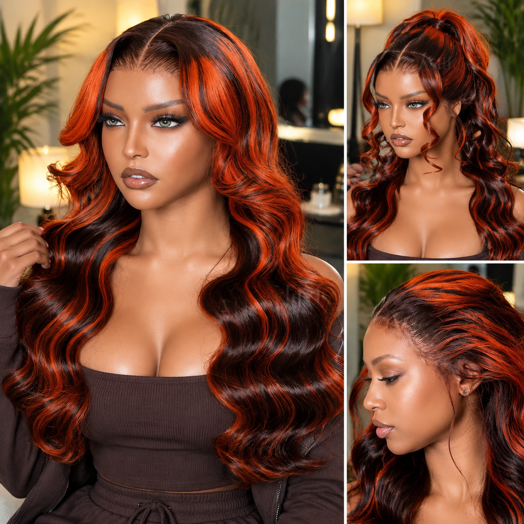 New In Ginger Highlights On Brown Hair 13x6 Lace Frontal Invisi Strap Skin Lace Body Wave Human Hair Wig【 Support Pre-Cut Lace + Pre-Layered】