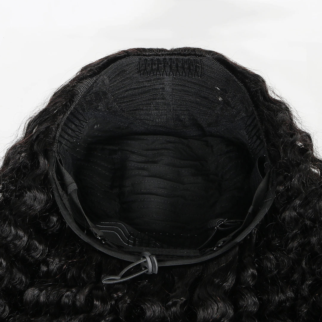 Drawstring Pull Go Wig | Deep Wave Curly V Part Glueless Wig Beginner Friendly Undetectable Leave Out Natural Scalp Thick Human Hair Blinghair