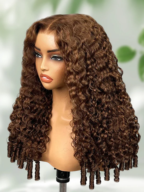 Chocolate Brown Burmese Curly Glueless Wig Human Hair Pull Go 13x6 Full Lace Snug Fit Drawstring Wear And Go Wig