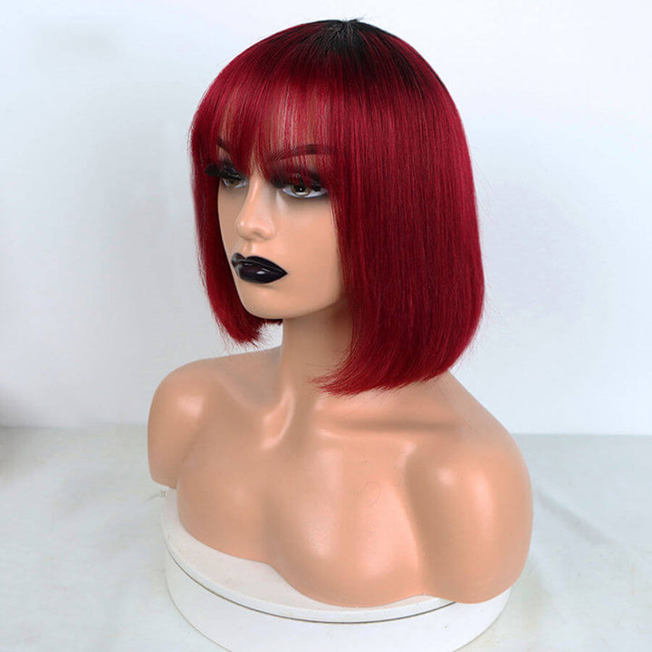Straight Human Hair Bob Wig With Neat Bangs Glueless Machine Made Virgin Hair Wigs Clearance Sale