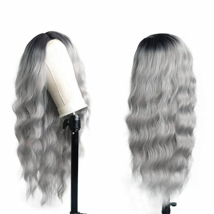 New Fashion Beautiful Women's Long Omber Dark Silver Grey Body Wave Lace Frontal Wigs