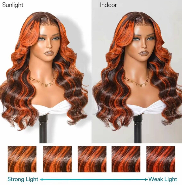 New In Ginger Highlights On Brown Hair 13x6 Lace Frontal Invisi Strap Skin Lace Body Wave Human Hair Wig【 Support Pre-Cut Lace + Pre-Layered】