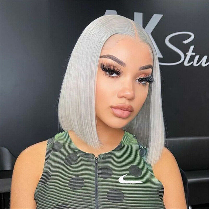 Silver Grey Bob Wig Virgin Human Hair Pre Plucked Silky Straight Lace Frontal Bob Wig with Baby Hair