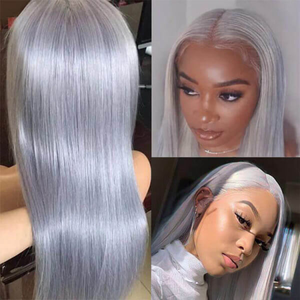 32Inch HD Transparent Lace Frontal Wig Brazilian Straight Wig Silver Grey Lace Front Colored Human Hair Wigs