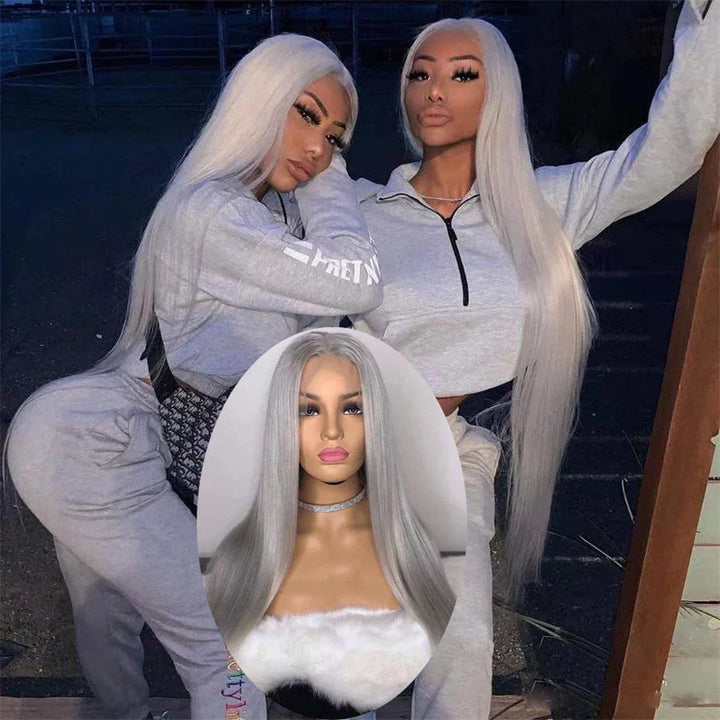 32Inch HD Transparent Lace Frontal Wig Brazilian Straight Wig Silver Grey Lace Front Colored Human Hair Wigs