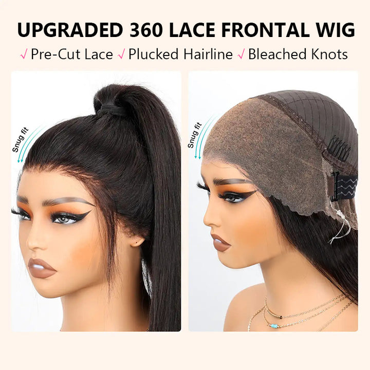 360 Transparent Lace Frontal Wigs Upgrade Glueless Pre-Cut Bleached-Knots Straight Human Hair Wigs for Ponytail Bling hair