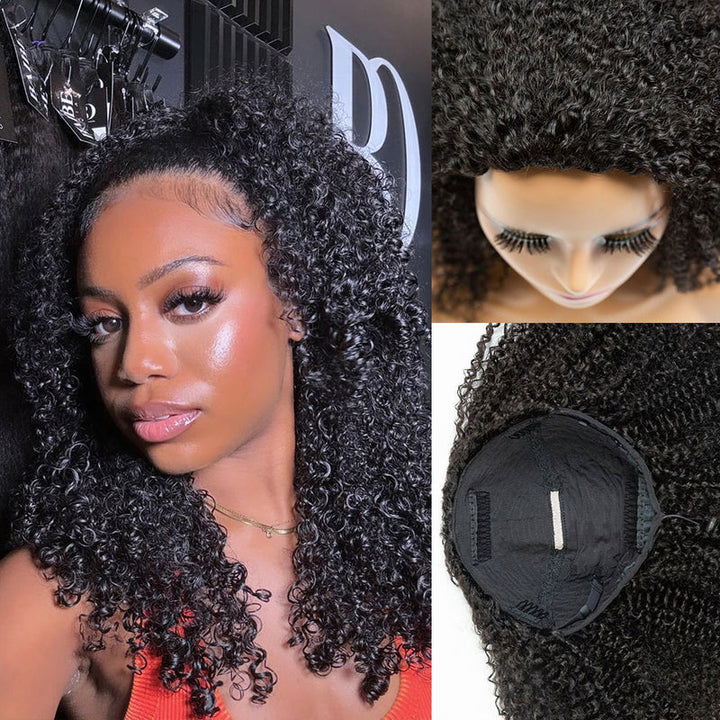 [No Code Needed] Kinky Curly Human Hair Half Wig With Drawstring 3 IN 1 Seamless Clip Ins Flip Over