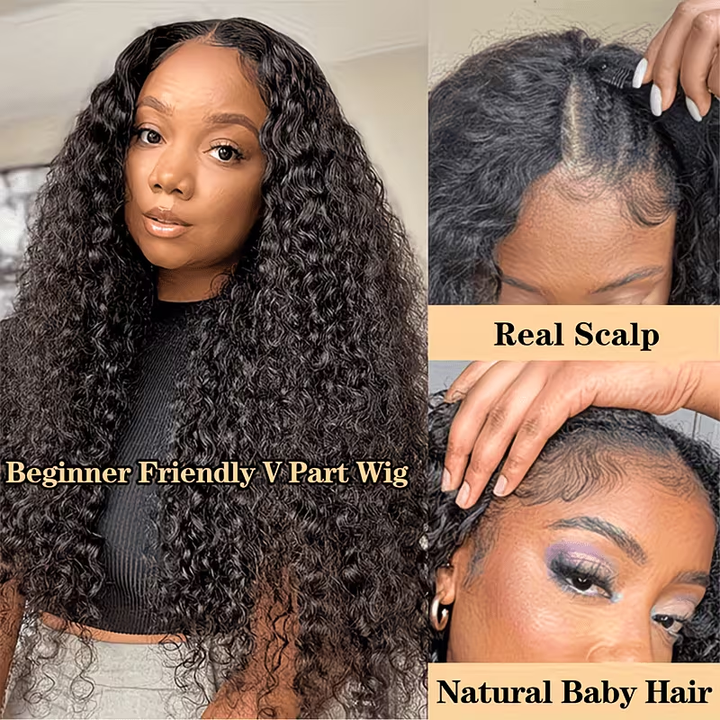 Drawstring Pull Go Wig | Deep Wave Curly V Part Glueless Wig Beginner Friendly Undetectable Leave Out Natural Scalp Thick Human Hair Blinghair