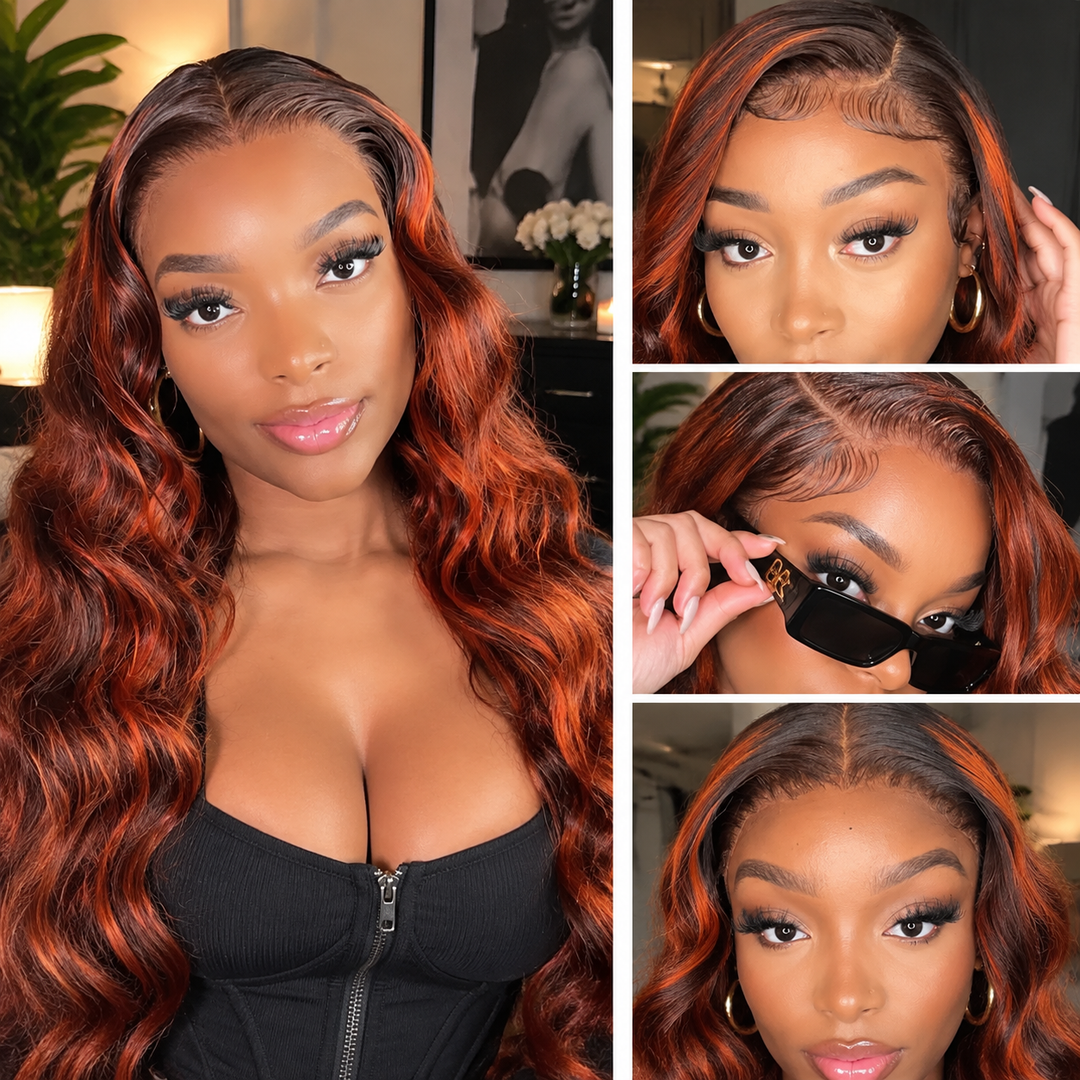 New In Ginger Highlights On Brown Hair 13x6 Lace Frontal Invisi Strap Skin Lace Body Wave Human Hair Wig【 Support Pre-Cut Lace + Pre-Layered】