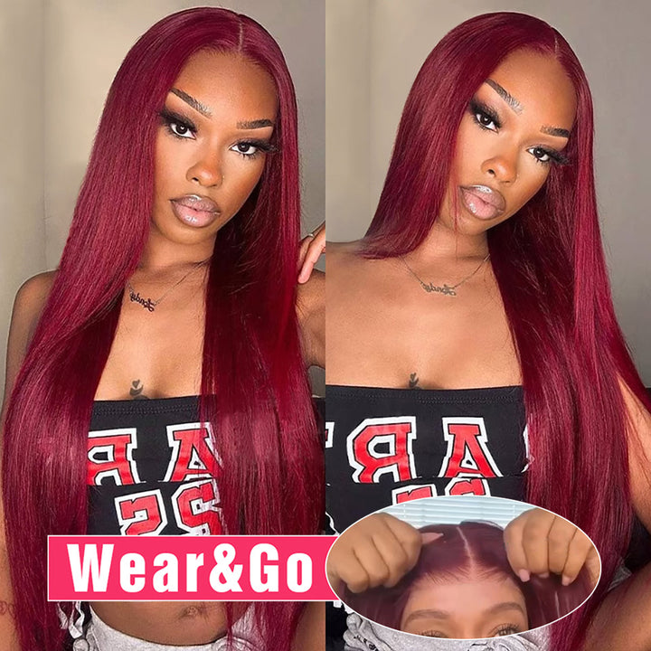 Bling Hair Burgundy Straight Lace Front Human Hair Wigs 99J Color Wear and Go Glueless 5x5 Lace Closure Wig