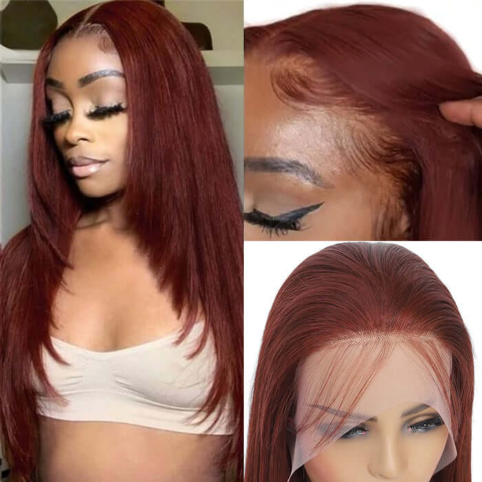Glueless Layered Cut Reddish Brown 13x4 13x6 Undetectable Lace Front 100% Human Hair Wig