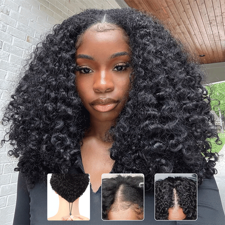 Drawstring Pull Go Wig | Deep Wave Curly V Part Glueless Wig Beginner Friendly Undetectable Leave Out Natural Scalp Thick Human Hair Blinghair