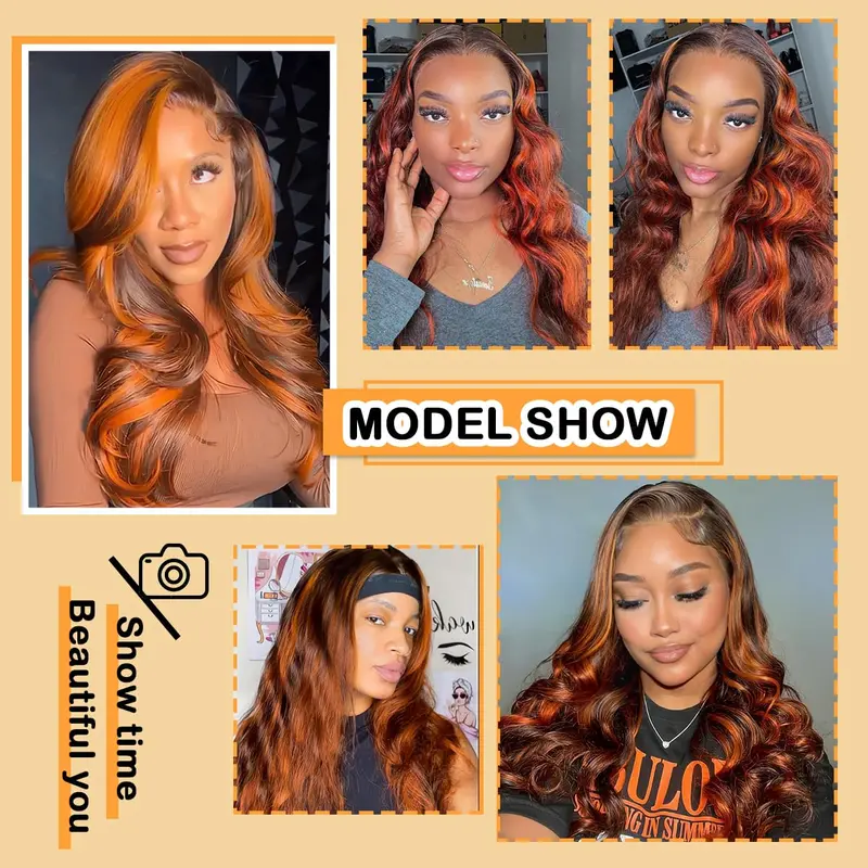 New In Ginger Highlights On Brown Hair 13x6 Lace Frontal Invisi Strap Skin Lace Body Wave Human Hair Wig【 Support Pre-Cut Lace + Pre-Layered】