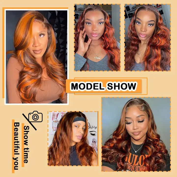 New In Ginger Highlights On Brown Hair 13x6 Lace Frontal Invisi Strap Skin Lace Body Wave Human Hair Wig【 Support Pre-Cut Lace + Pre-Layered】