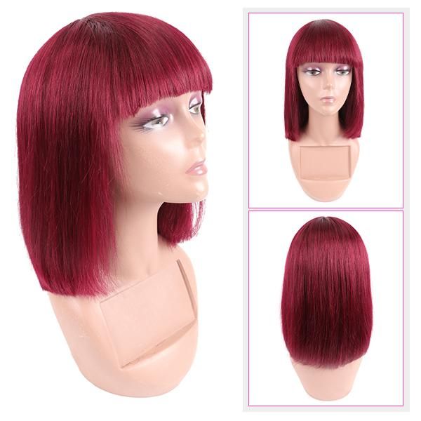 99J Colored Short Straight Brazilian Human Hair Bob Wigs with Bangs Remy Full Machine Made for Women Omber Burgundy