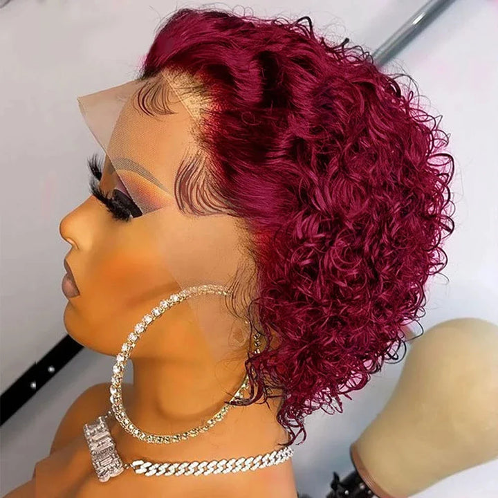 Pixie Cut Wig 99J Color Lace Wig Spring curl Short Bob Human Hair Wig