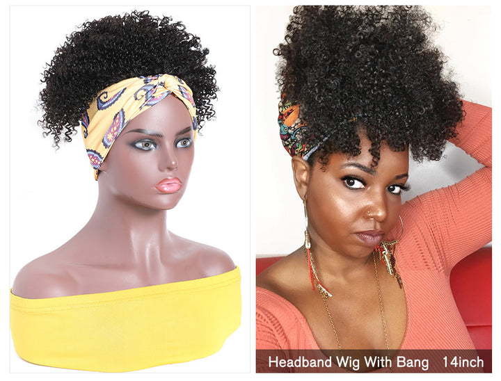 Afro Kinky Curly Glueless Human Hair Wigs Headband Wig With Bangs Brazilian Bling Hair