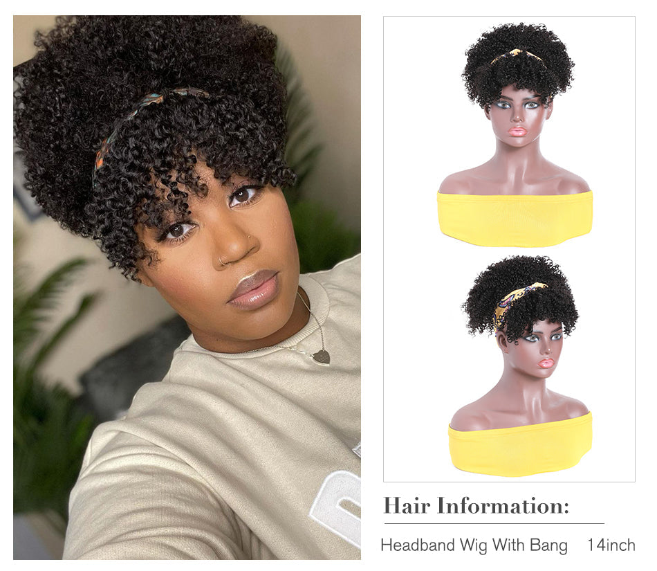 Afro Kinky Curly Glueless Human Hair Wigs Headband Wig With Bangs Brazilian Bling Hair