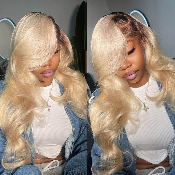 Ash Blonde Color Human Hair Body Lace Front Wigs Pre-Plucked Brown Root Mix #613 Hot Color Wigs