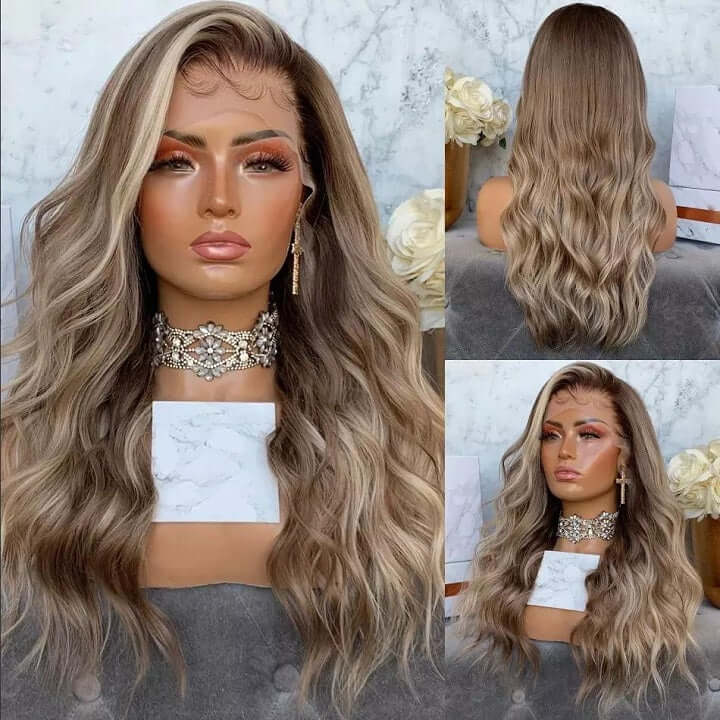Ash Blonde Wavy Body Wave 13x4 Lace Front Wig With Dark Roots Glueless Human Hair Wig