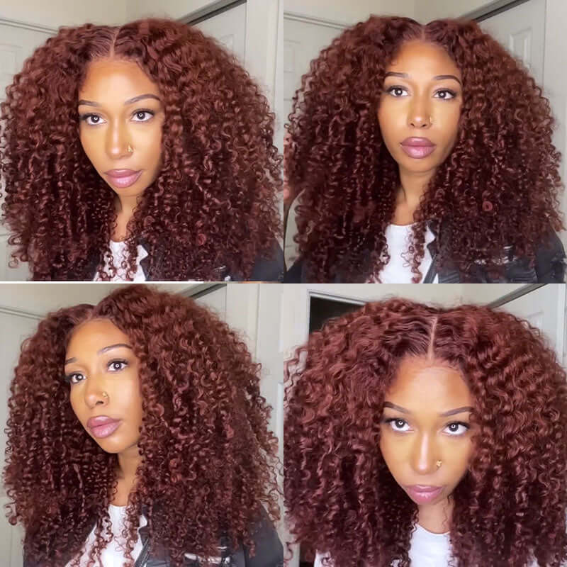 Auburn Brown Color 13x4 Glueless Lace Frontal Wig Kinky Curly Human Hair