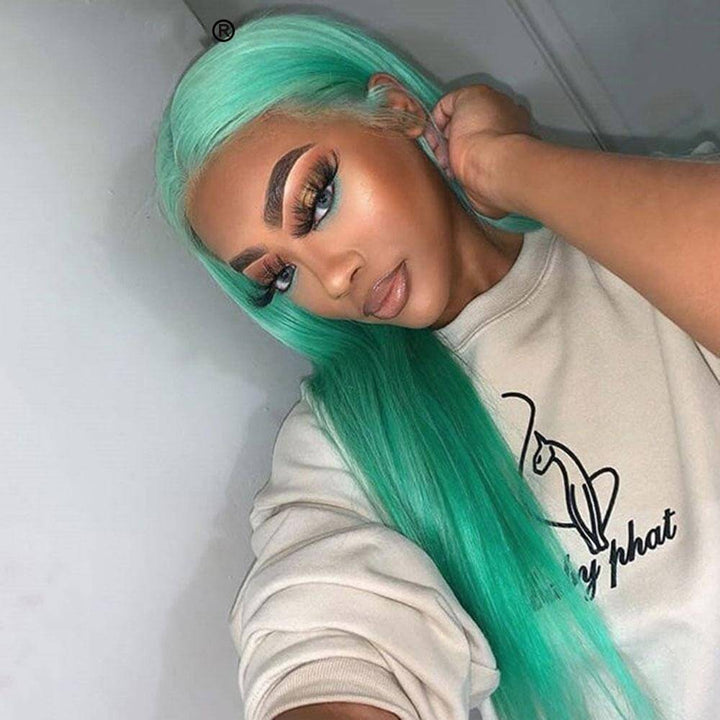 Mint Green Color Body Wave Human Hair Wigs Pre Plucked With Baby Hair Bling Hair