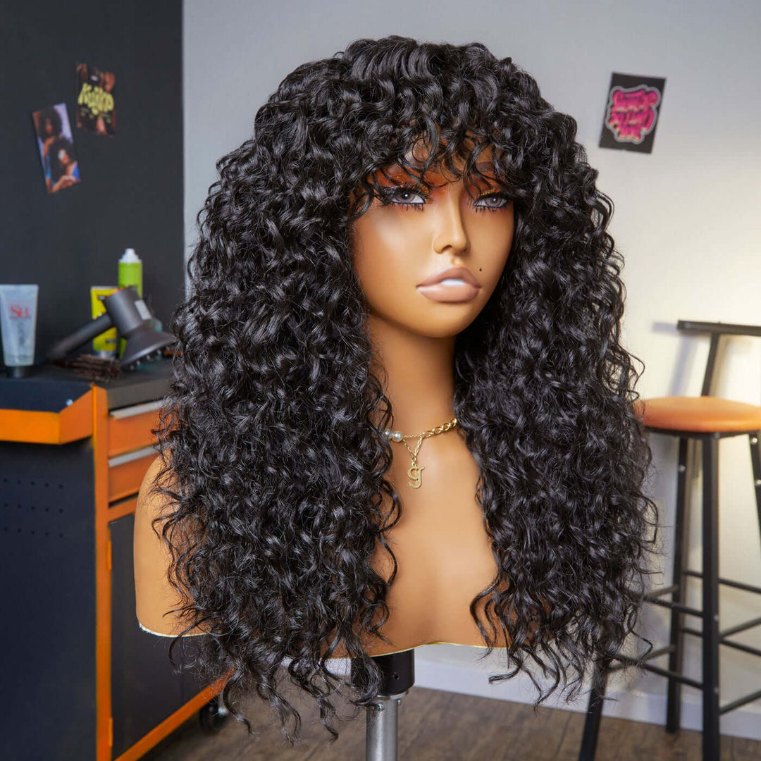Water Wave Machine Made Wigs Human Hair Wig With Free Part Bangs