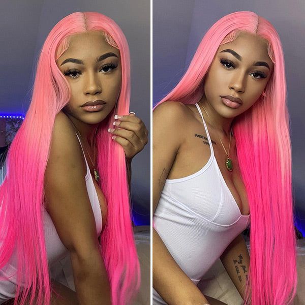 Barbie Pink Straight/Body Wave Human Hair Wig Ombre Rose Pink Color Pre Plucked Wigs