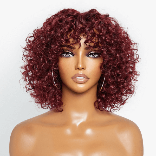 Beginner Friendly Dark Red Water Wave Glueless Machine Wig With Bangs