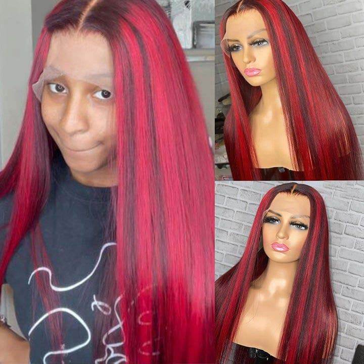 Black Hair With Red Highlights 99J Burgundy 13x4 13x6 Lace Frontal Human Hair Wigs