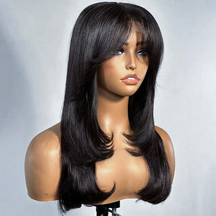 Curtain Bangs 13x4 Frontal Lace Wig Butterfly Haircut Straight Human Hair Wigs with Pre-Bleached Knots