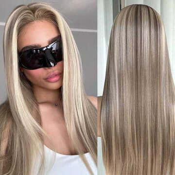 Wear & Go Blonde Balayage on Brown Highlight Pre Cut 4x4 & 5x5 Transparent Lace Straight Wigs