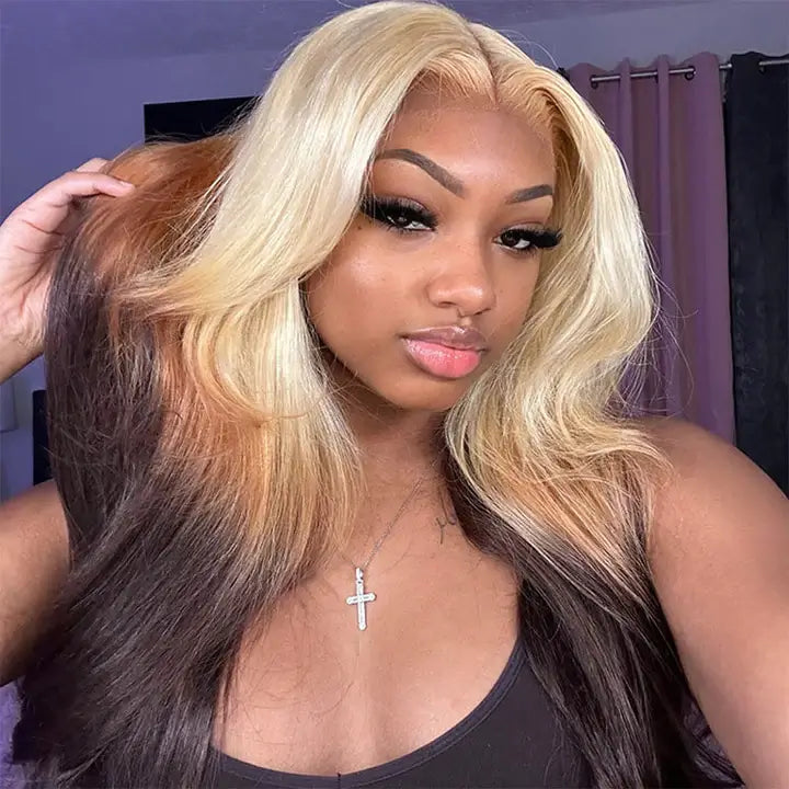 Blonde Brown Ombre Wig Bone Straight 13x4 HD Lace Front Human Hair Wigs