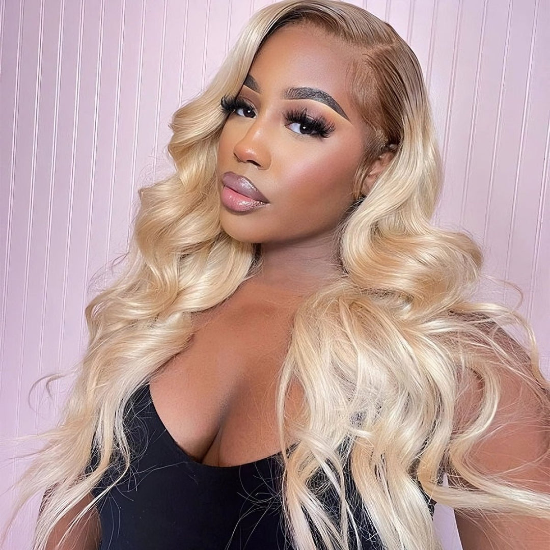 Body Wave Brown Roots 613 Blonde 13x4 Lace Front Human Hair Wig