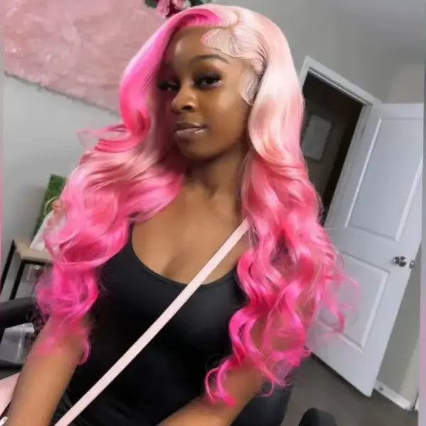 Body Wave Hair Glueless Lace Frontal Wig Barbie Pink With Rose Pink Ombre Colored Wig