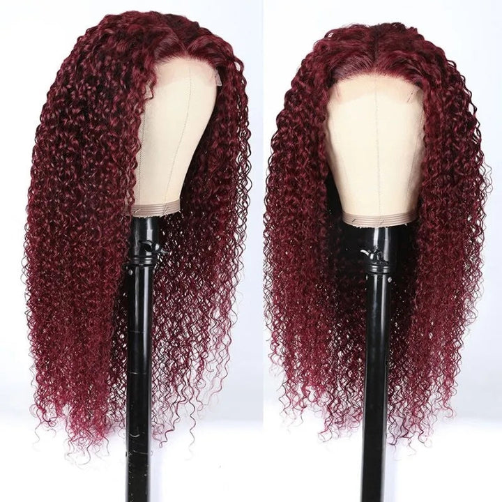 Burgundy 99J Curly Lace Wig Burgundy Color Human Hair Curly Wig With Natural Hairline