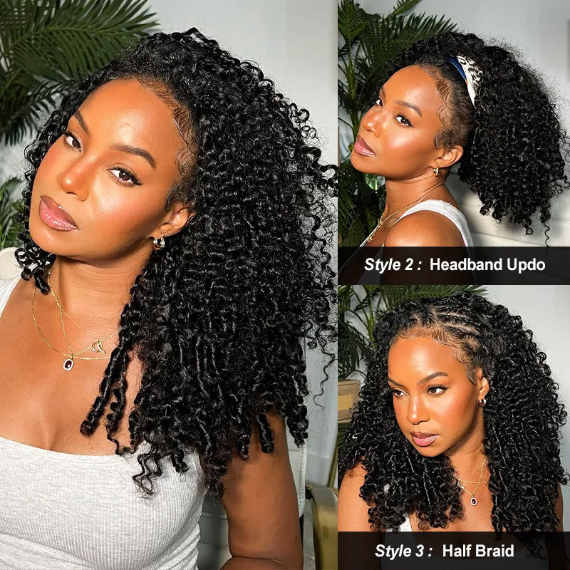 [No Code Needed] Burmese Curly Half Wig Human Hair Flip Over Drawstrings Glueless Wig
