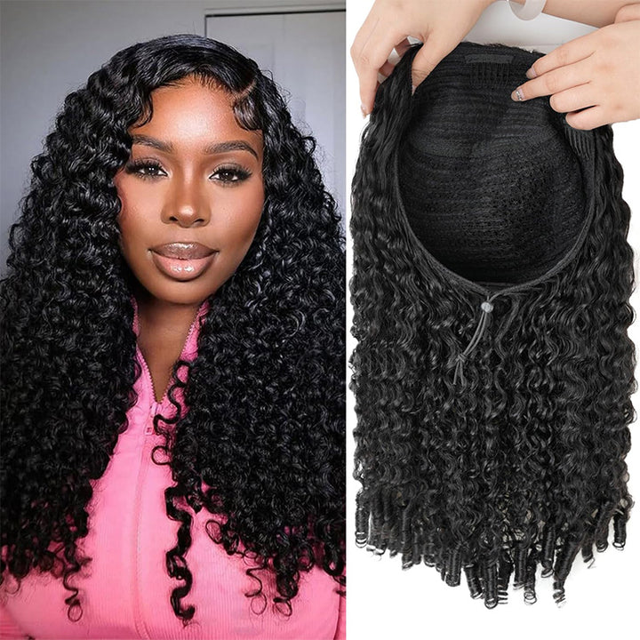 [No Code Needed] Burmese Curly Half Wig Human Hair Flip Over Drawstrings Glueless Wig