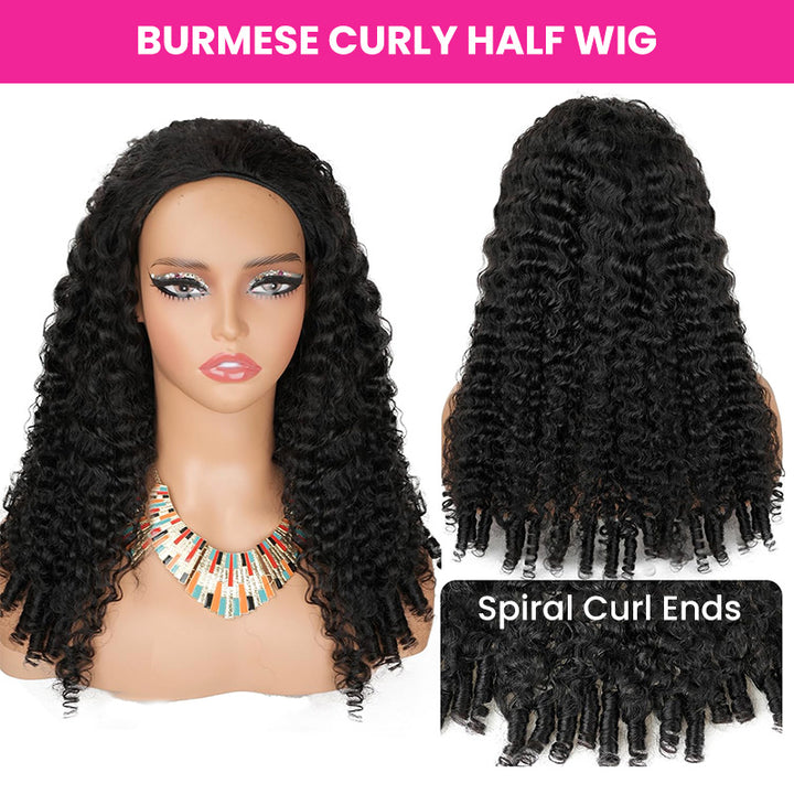 [No Code Needed] Burmese Curly Half Wig Human Hair Flip Over Drawstrings Glueless Wig