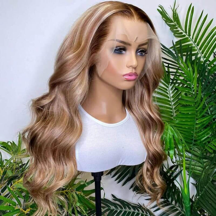 Champagne With Blonde Color Highlight Virgin Wigs Body Wave 13x4 Transparent Lace Wigs Bling Hair