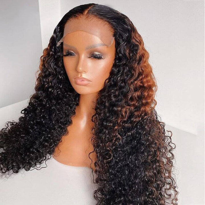 Curly 5x5 Lace Closure Wig Highlight Brown Colored Human Hair Wig Glueless Wig