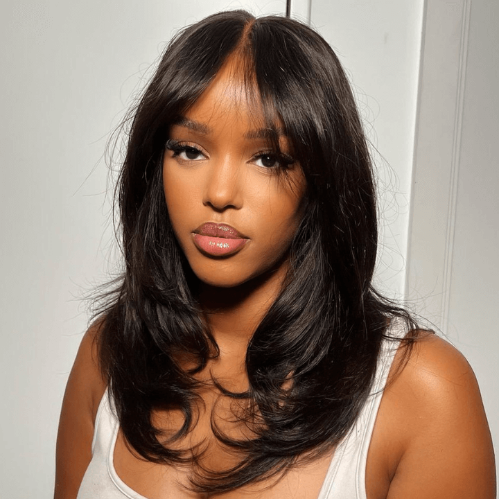 Curtain Bangs 13x4 Frontal Lace Wig Butterfly Haircut Straight Human Hair Wigs with Pre-Bleached Knots