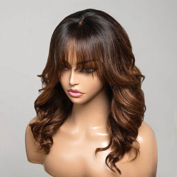 Curtain Bangs Glueless Wigs Layered Cut Wavy Brown Ombre Colored Wig Bleached Knots Natural Hairline
