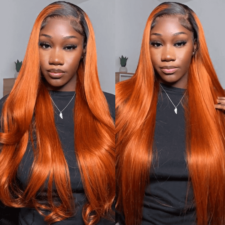 Dark Roots Ginger Orange Ombre Human Hair Lace Frontal Wigs