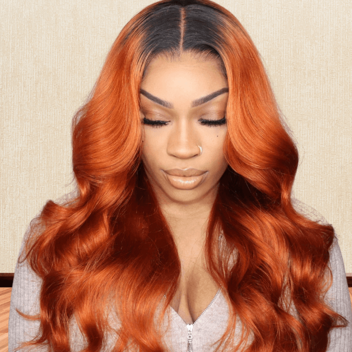 Dark Roots Ginger Orange Ombre Human Hair Lace Frontal Wigs