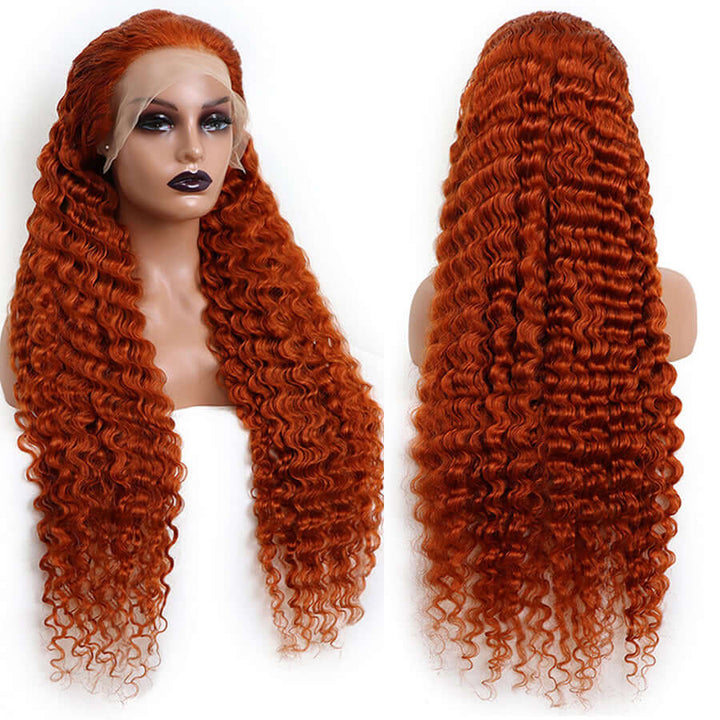 Ginger Orange Color Deep Wave Human Hair Lace Front Wig Pre-Plucked Color Wigs