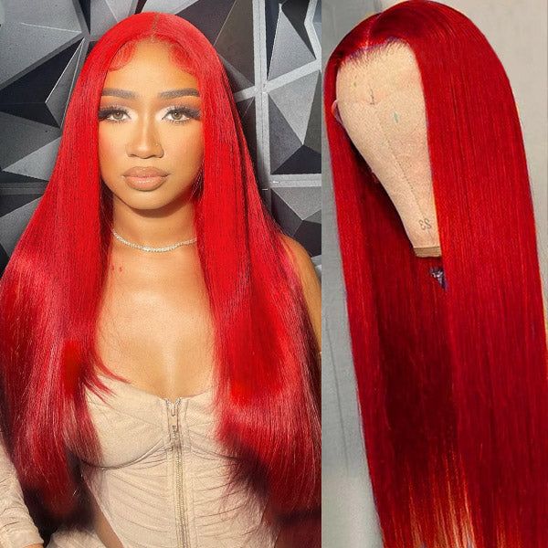 Gorgeous Red Color Transparent Lace Wigs Straight Human Hair Wigs Pre Plucked With Baby Hair