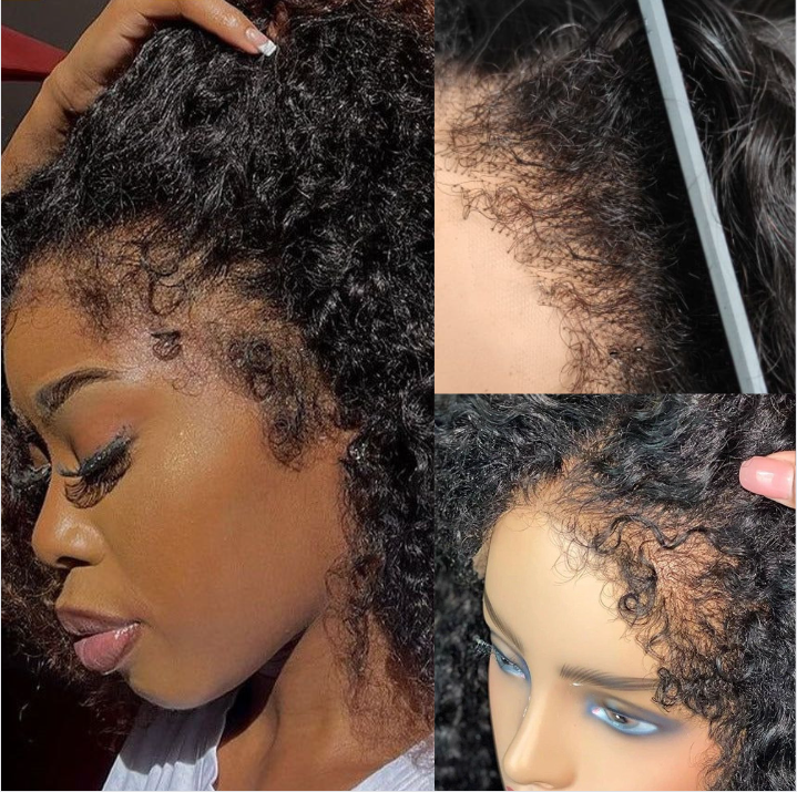 Handmade 4C Hairline Glueless Curly Lace Front Bob Wig With Curly Edges Kinky Baby Hair