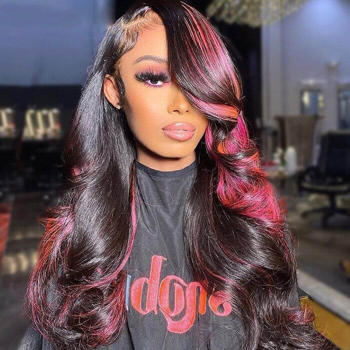 Highlight Green/Pink Body Wave Lace Front Wig Colored Brazilian Remy Virgin Hair Glueless Wig丨No Code Need