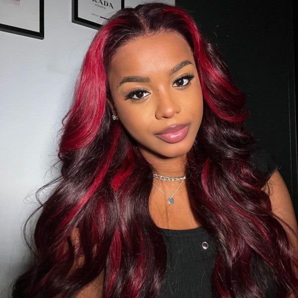 Highlight Rose Red With Dark Burgundy Loose Wave 13x4 Front Wig Colored Human Hair Wigs